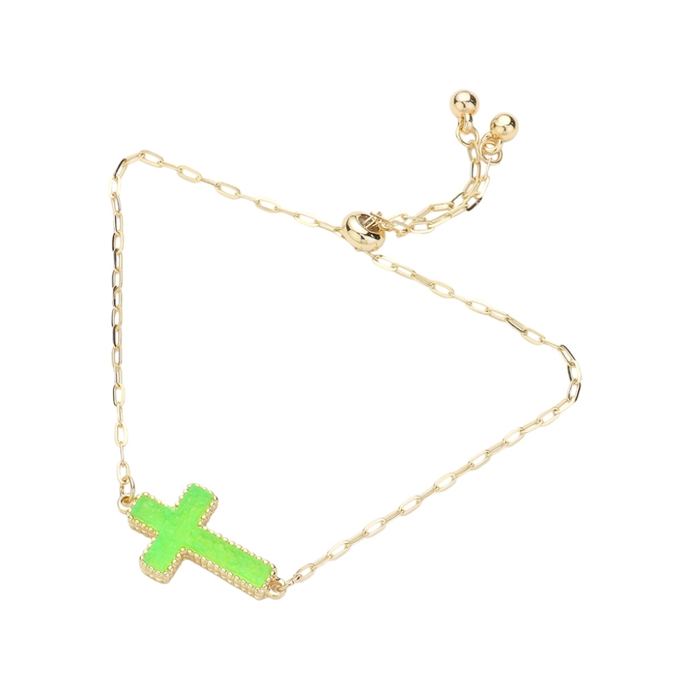 Neon Green Druzy Sideways Cross Bracelet Gold Cinch Pull Chain